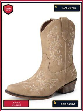 Women's Faux Leather Cowboy Ankle Boots Square Toe Chunky Heel Western Bootie